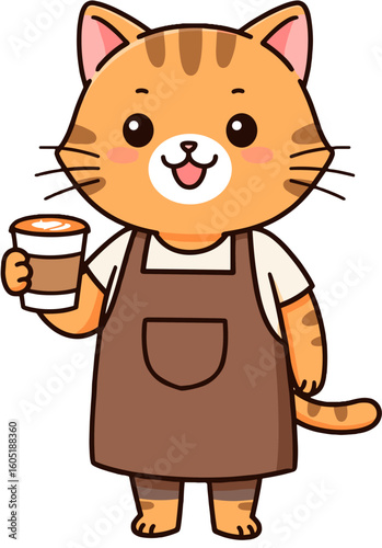 A charming cartoon cat barista holding a cup of coffee, ready to serve.