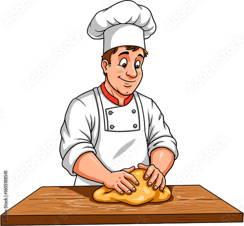 A chef expertly kneading dough on a wooden table.