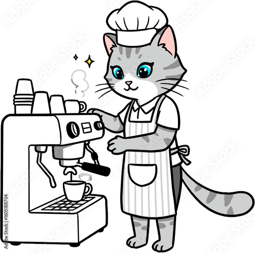 A chef cat barista preparing a cup of coffee.