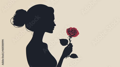 Elegant Silhouette Holding Single Rose: Minimalistic Black and White Image