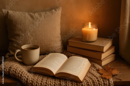 Peaceful morning ritual with steaming coffee cup and open book creating mindful moment