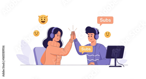 Two Streamers High Fiving Celebrating Subscriber Milestone Illustration