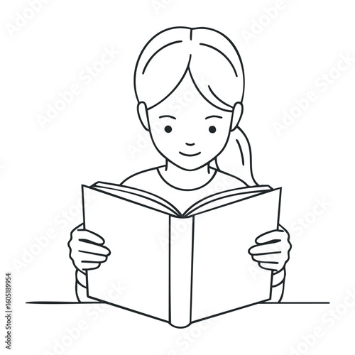 Young caucasian female child reading a book line art. Vector illustration