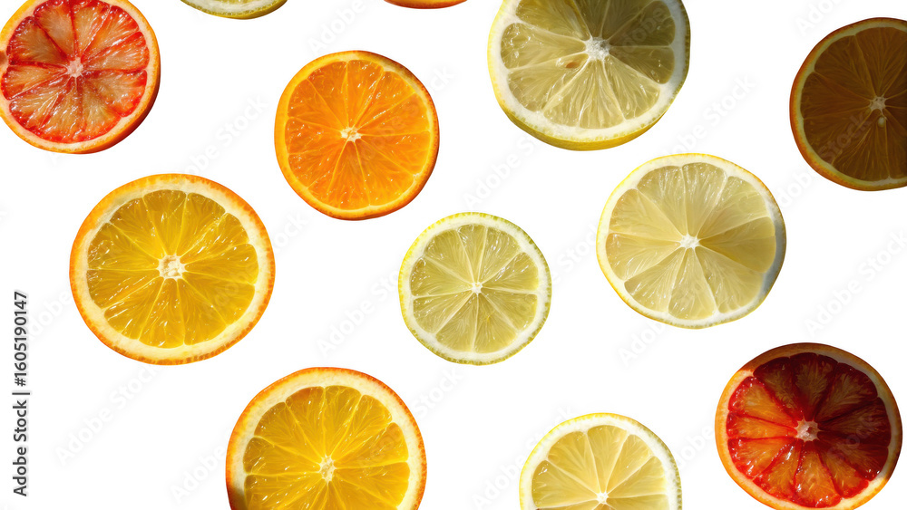 Fototapeta premium Assortment of fresh citrus fruit slices including oranges lemons and grapefruits isolated on transparent background