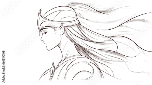 Elegant Fantasy Warrior Woman in Profile Art - Simple Line Vector Illustration
