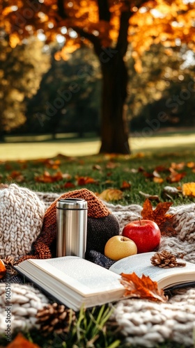 Cozy Autumn Picnic Setup With Book, Fresh Apples, and Flowers in a Park.