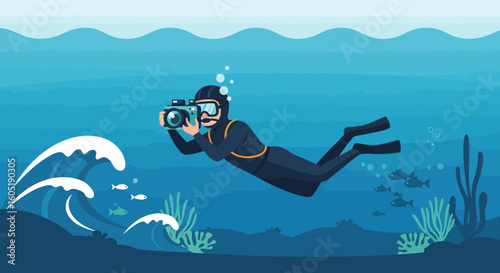 Underwater Adventure: Diver Capturing Marine Life With Professional Camera