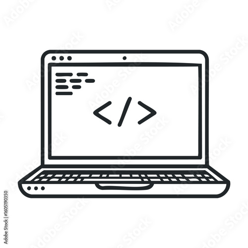Outline of a laptop displaying coding symbols for web development and programming. Vector illustration