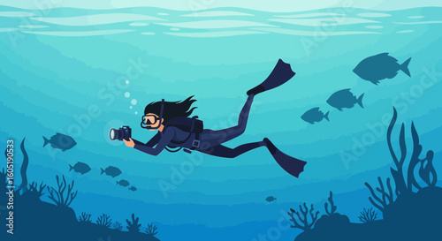 Underwater Exploration Woman Diving with Camera Taking Pictures of Sea Life