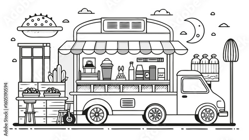 Food truck with moon and stars at night street food illustration