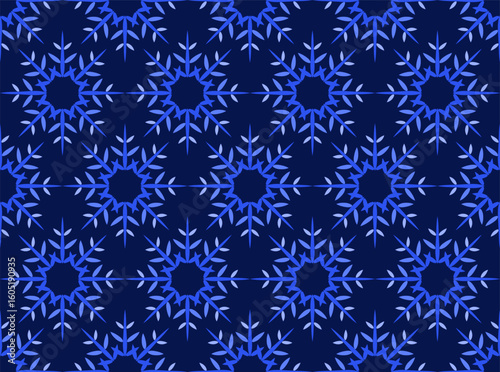 Dark blue christmas background of snowflakes. Winter ornate seamless pattern of stars. Magical winter ornament in shades of blue. Classic Christmas decor of snowflakes with eight rays