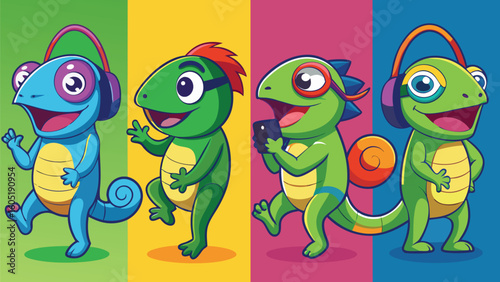 Four funny chameleons wearing headphones and using phones cartoon vector