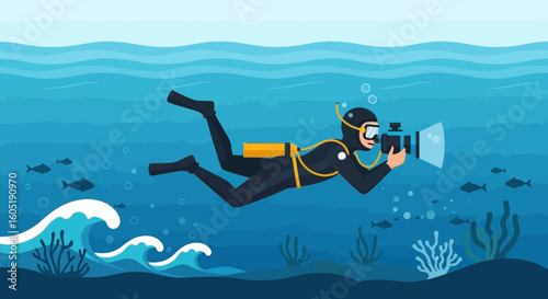 Underwater Photographer Capturing Marine Life In The Deep Blue Ocean View
