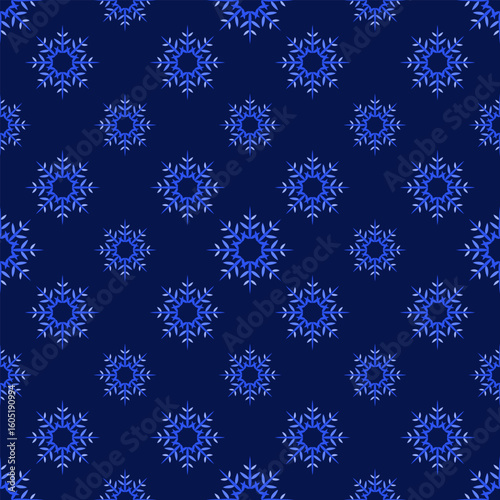 Dark blue background of snowflakes. Winter ornate seamless pattern of stars. Magical christmas ornament in shades of blue. Classic Christmas decor of snowflakes with eight rays