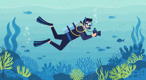 Underwater Photographer Exploring Tropical Sea Life And Capturing Scuba Diving Moments