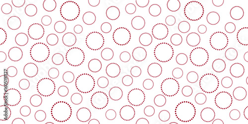 Seamless pattern of round elements different sizes. Ornament of random circles of dotted lines. Dark red circular motifs on white background. Simple abstract geometry ornament for holiday decor.