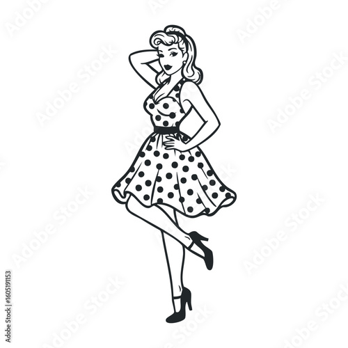 Retro female icon in polka dot dress and heels striking a vintage pose. Vector illustration