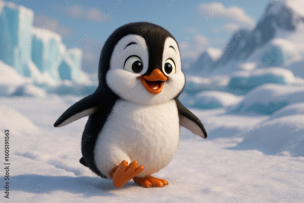 Obraz premium Adorable 3D animated penguin character waddling playfully across snowy Antarctic landscape