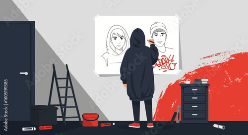 Urban Artist Drawing Graffiti Art In A Room With Ladder And Desk