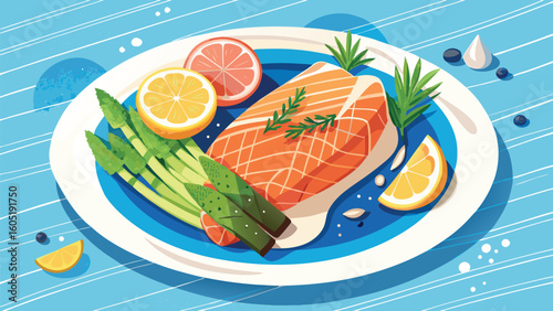 Pan seared salmon with asparagus lemon and grapefruit dill