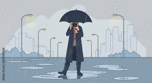 Urban Rain Photographer Capturing City Views During A Rainy Day Outing