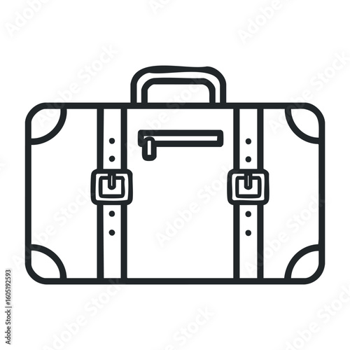 Simple black outline of a vintage suitcase with buckles and handle. Vector illustration