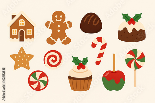 Set of Christmas Sweet Treat Icons in Flat Vector Style
