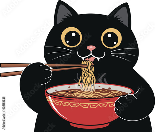 Cute black cat enthusiastically eating ramen noodles with chopsticks