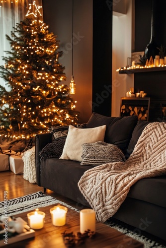 Warm and Cozy Winter Living Room With Christmas Decorations and Glowing Lights.