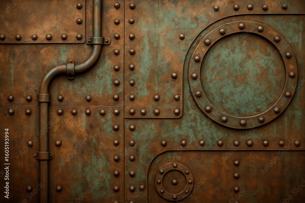Fototapeta premium Weathered copper patina surface with industrial rivets and steam-punk aesthetic creating authentic vintage metalwork texture background