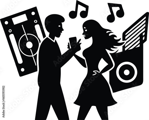 couple building playlist silhouette, couple curating music playlist silhouette
