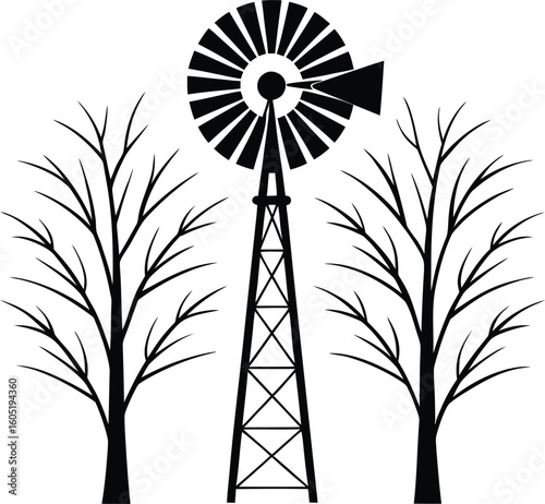 Black silhouette of a windmill with bare trees on a white background black and white