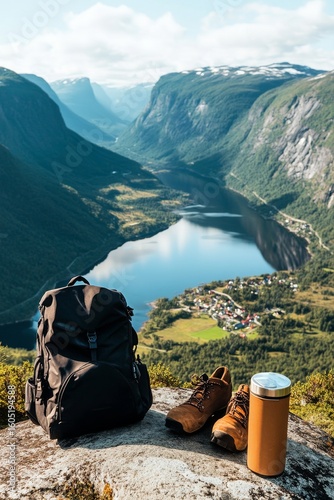 Stunning Mountain View at a Norwegian Fjord With Hiking Gear and Relaxation E...
