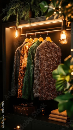 Cozy Sweaters Hanging in a Stylish Closet With Warm Lighting and Green Plants
