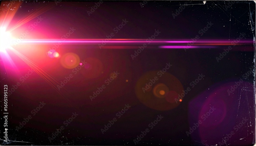 Obraz premium Realistic retro-style light leak effect, combining faded pink and red glows with gentle film grain and edge scratches. Perfect for adding analog aesthetics to modern video footage