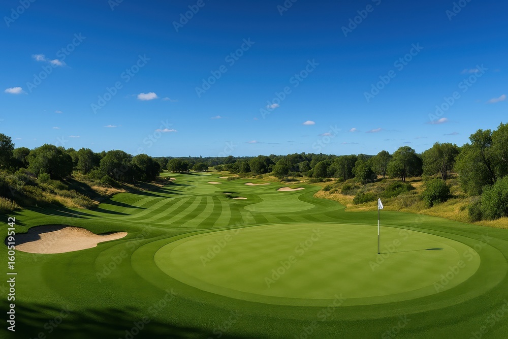 Obraz premium Championship golf course panorama showcasing pristine fairways and manicured greens under perfect blue sky