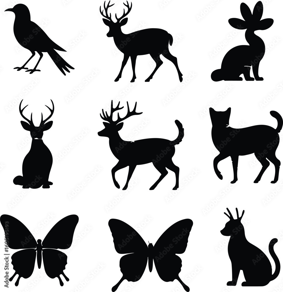 Obraz premium Collection of Nine Animal Silhouettes Deer, Birds, Cats, and Butterflies