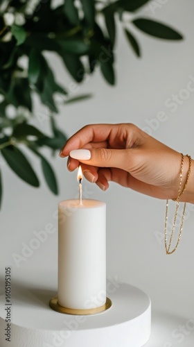 Hand Lighting a White Candle Surrounded by Greenery in a Calm Indoor Setting