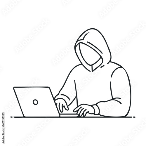 Faceless male in hoodie using laptop for cybersecurity concept. Vector illustration