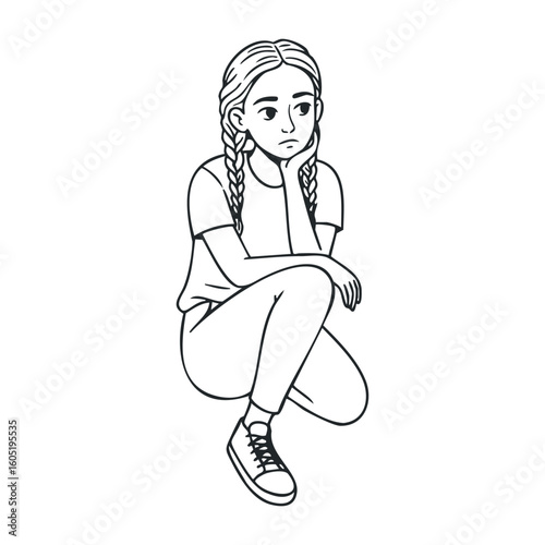 Contemplative young caucasian female teen sitting in thoughtful pose. Vector illustration