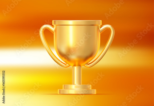 3d realistic golden trophy cup. Stock vector illustration on golden isolated background.	