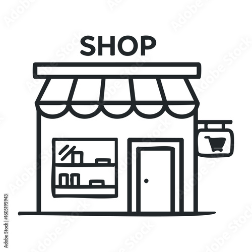 Minimalistic outline of a retail shop with storefront and awning. Vector illustration