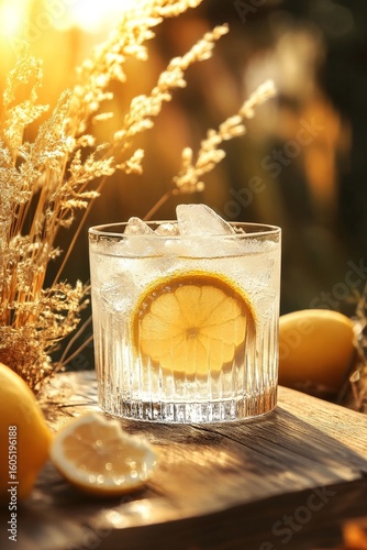 Refreshing Drink on a Warm Evening With Lemon Slices and Ice in a Crystal Glass