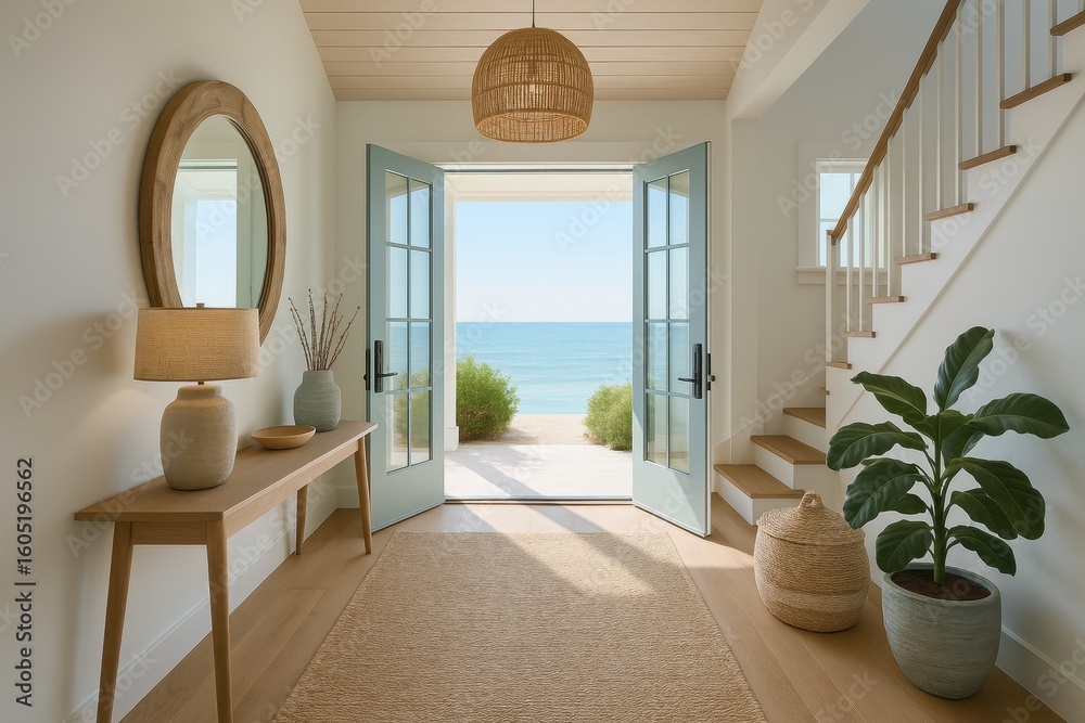 Fototapeta premium Sophisticated coastal entryway design blending natural stone elements with contemporary maritime-inspired aesthetics