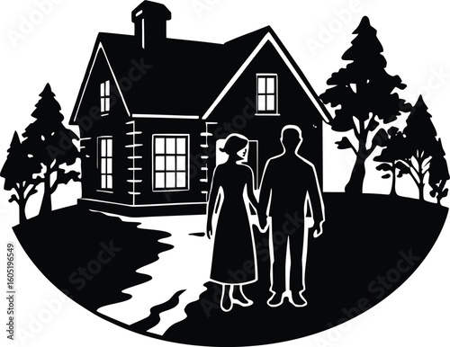 couple visiting childhood home silhouette, couple touring childhood house silhouette