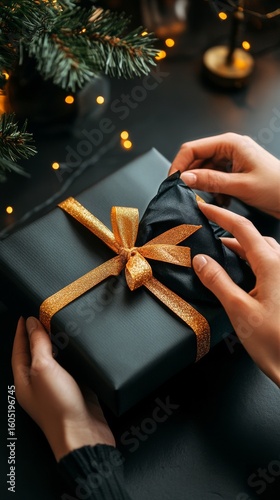 Gift Wrapped in Elegant Black and Gold Ribbon During Holiday Celebration.