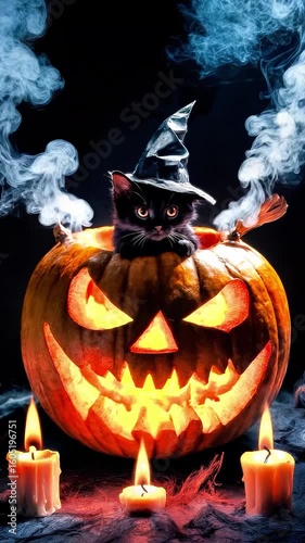 Black cat wearing a witch hat sits inside a carved pumpkin with glowing face, surrounded by candles and smoke, creating a spooky Halloween atmosphere
