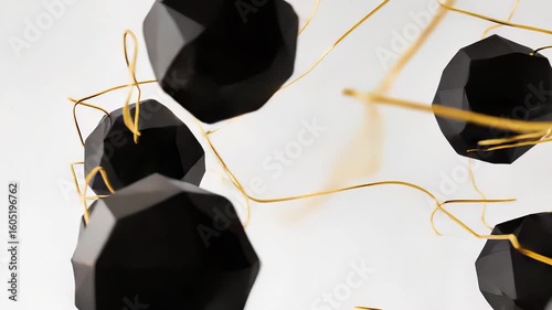 Abstract 3D illustration of floating geometric shapes in black with golden strands, creating a dynamic visual composition that evokes modern design and creativity