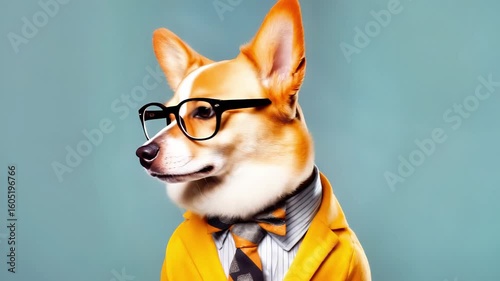 Corgi dog wearing stylish glasses and a yellow blazer, posing confidently against a soft blue background, showcasing a playful and fashionable canine personality