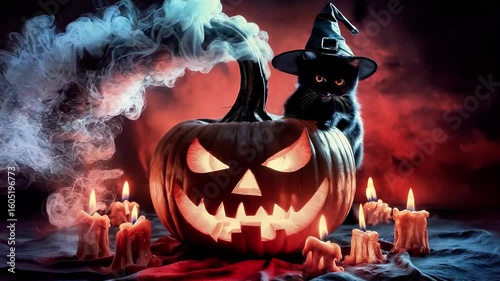 Black cat wearing a witch hat sits beside a carved pumpkin with glowing eyes, surrounded by flickering candles and swirling smoke, creating a spooky Halloween atmosphere